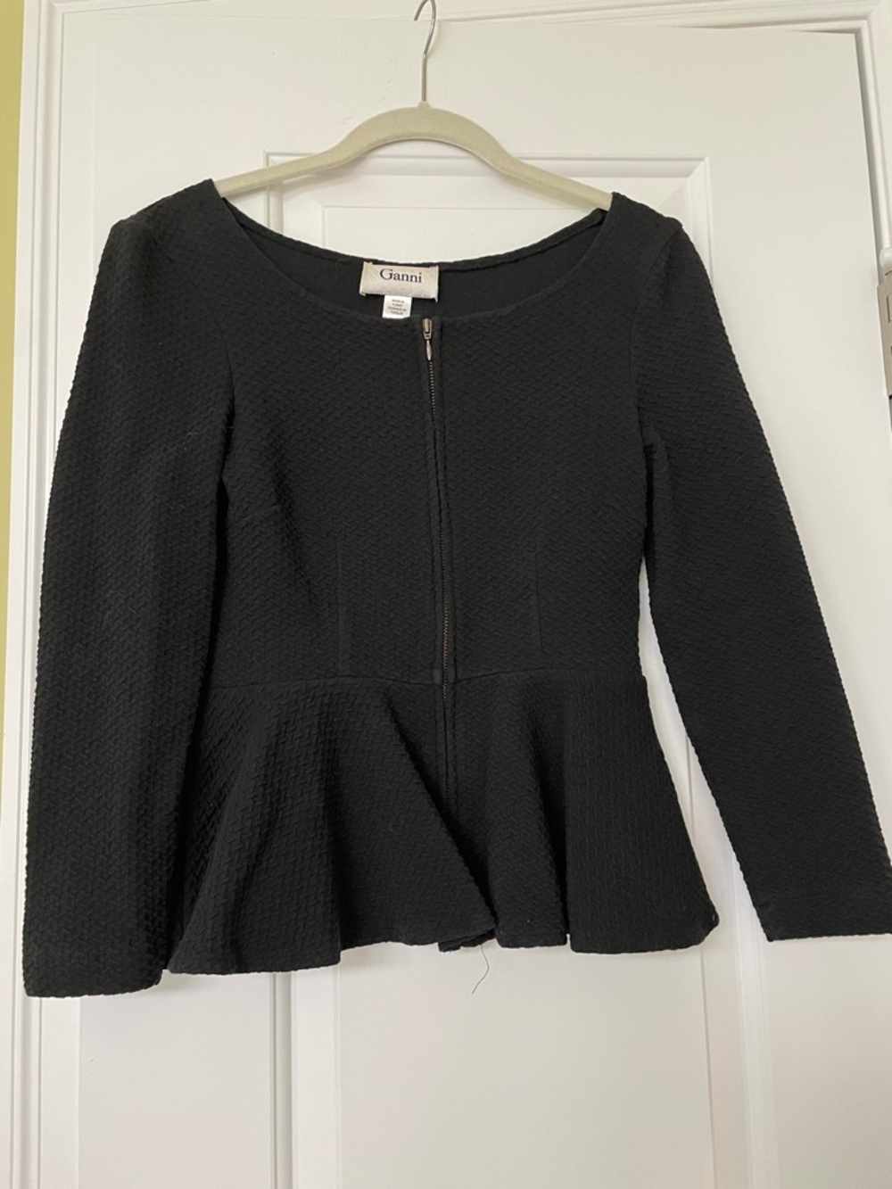 Ganni Black Textured Zip-Front Peplum Top